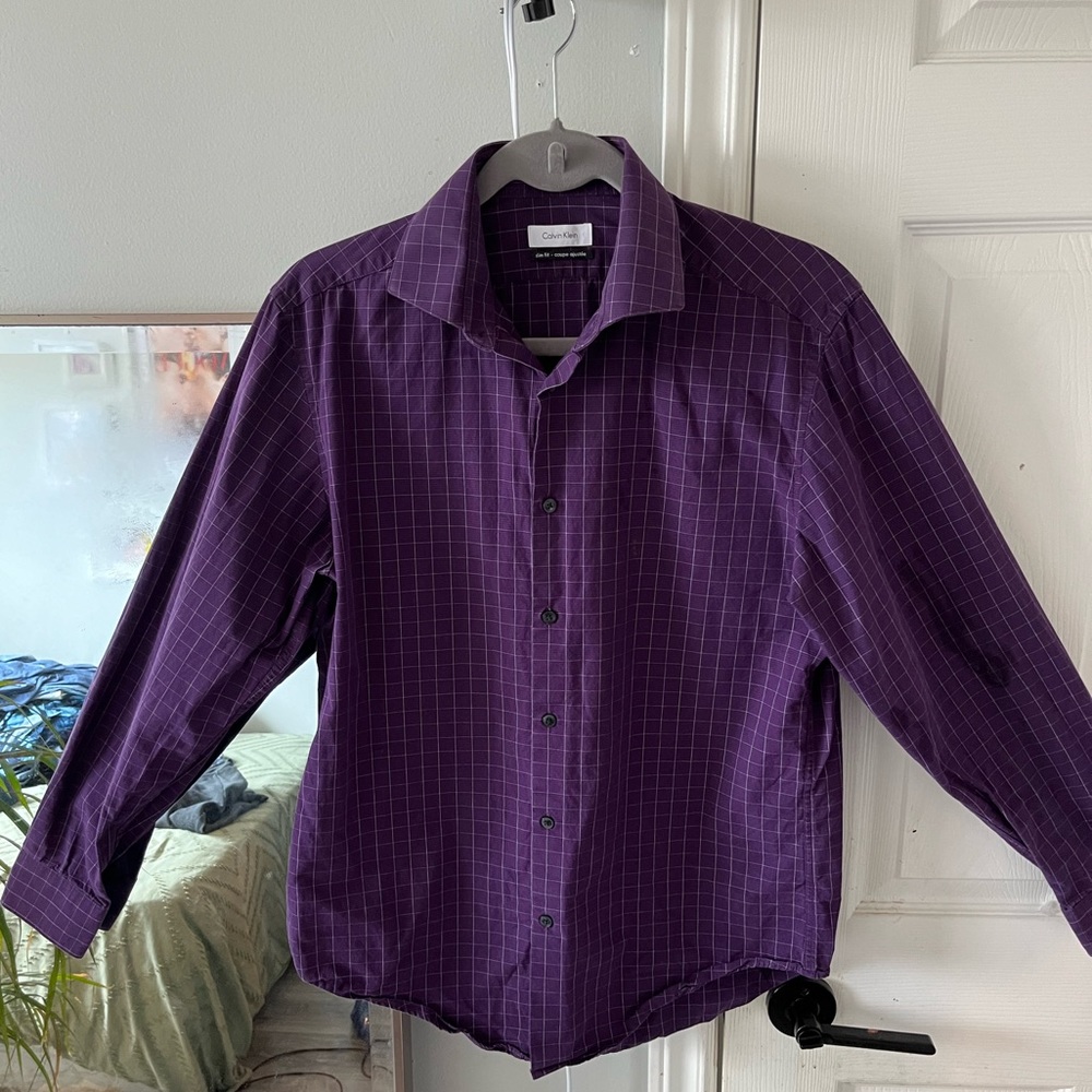 Calvin Klein purple with white striped dress shirt